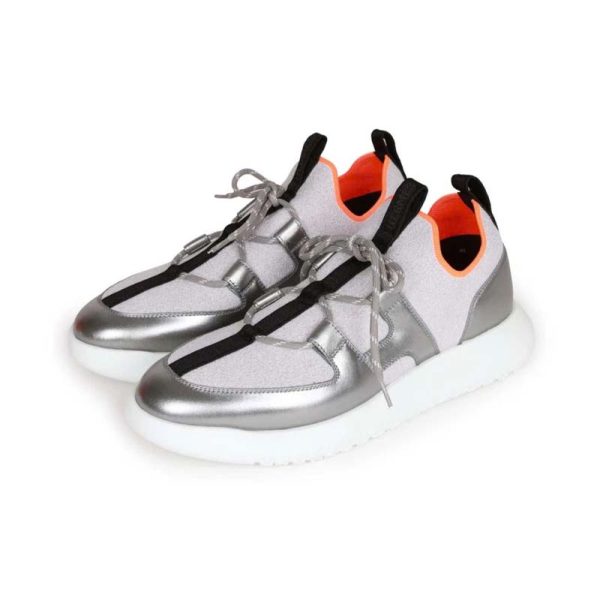 Hermès Duel Sneakers Silver, Black, and Orange Calfskin and Rubber 40