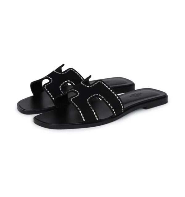 Hermès Oran Sandals Crystal Embellished Black Suede 39 EU