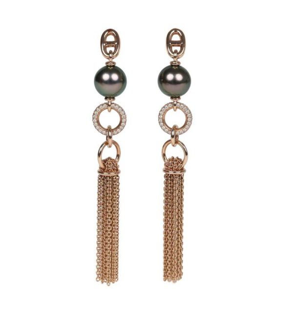 Hermès Tassel Earrings Chaine d'Ancre Black Pearl and Diamond Gold Hardware
